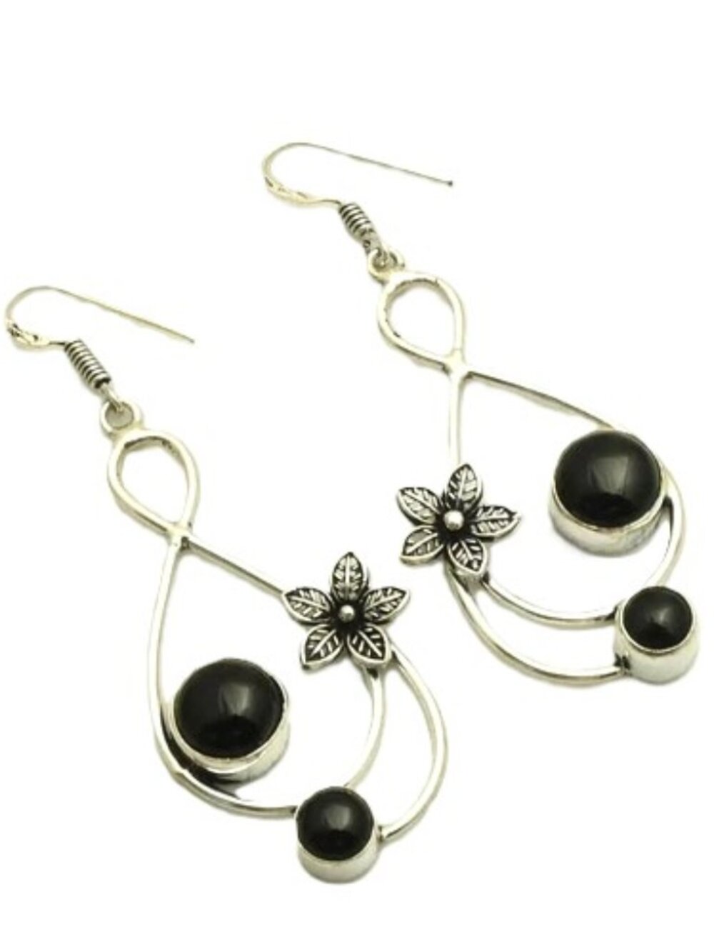 Black Onyx Gemstone Sterling Silver Drop Dangle Earrings